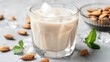 In a glass, almond milk with ice, the smooth, light beige refreshment a soothing respite on a warm day, embodying understated grace no splash