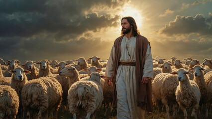 Canvas Print - Good Shepherd: Jesus Christ with a Halo of Sun Rays, Leading a Flock of Sheep.