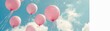 A whimsical parade of soft pink balloons floats through a dreamy blue sky, each one carrying wishes and dreams into the realm of imagination no dust