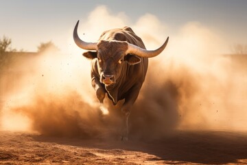 Wall Mural - A large bull raises dust with its furious running against the backdrop of sunset rays, a symbol of the state of Texas, bullfighting