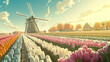 Blooming Dutch tulips in trendy hues paint a vibrant landscape.