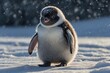 Cute fluffy little baby penguin standing on the snow