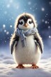 Cute fluffy little baby penguin standing on the snow