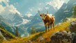 Idyllic alpine landscape with CGI cow - Serene CGI cow grazing in a stunningly realistic alpine landscape with towering mountains in the background