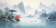 Serene Chinese landscape: Misty mountains meeting tranquil waters