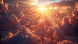 Fototapeta  - Glowing rays of sunlight breaking through clouds in a dramatic