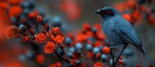 Bird Siting In A Bush With Small Red Flowers. 