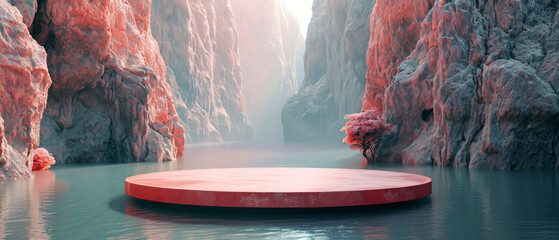 Render background podium water scene red display set backdrop presentation pink wall floor stone stand object minimal