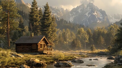 Wall Mural - Remote cabin getaway, Capture the charm of remote cabins nestled in scenic wilderness settings, offering solitude and tranquility away from the hustle and bustle of city life