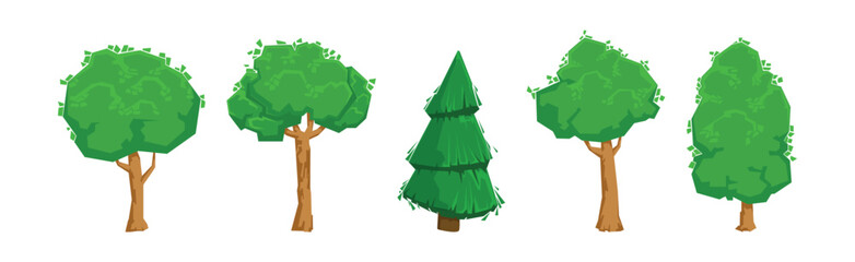 Sticker - Green Tree with Trunk as Landscape Element Vector Illustration Set