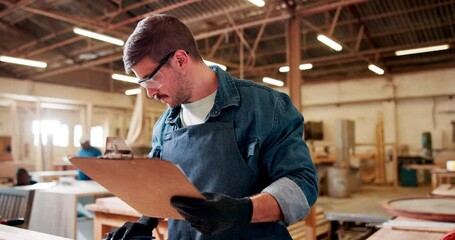 Canvas Print - Carpenter, writing and woodwork for startup, manufacturing and product construction. Handyman, workshop and thinking with design, renovation and creative small business for building project checklist