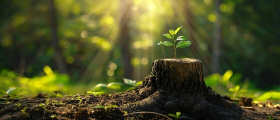 A lush, verdant forest scene with a small sapling sprouting from the decaying stump of a fallen tree, symbolizing the cycle of life and nature's ability to regenerate.