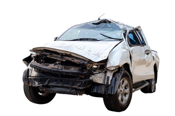 Wall Mural - Car crash, Front and Side view of white pickup car get hard damaged by accident on the road. damaged cars after collision. isolated on transparent background, PNG File