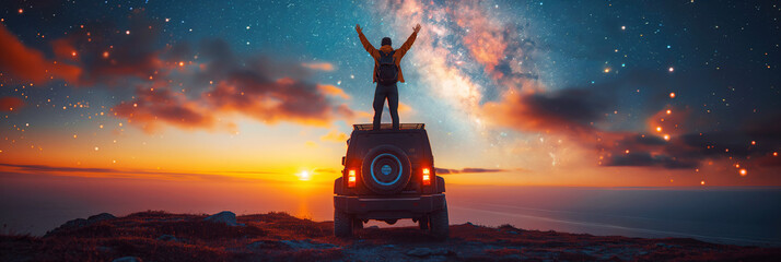 Wall Mural - happy male traveler stands on roof suv on background of starry sky in morning at sunrise