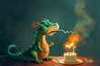 A clumsy dragon attempting to light candles on a birthday cake, inadvertently sneezing fire.