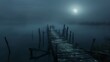 A lone, dilapidated pier stretching into a mist covered lake under a new moon, the darkness amplifying the quiet isolation of the scene
