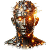 Fototapeta Młodzieżowe - Man's face is made of electronic components and is lit up with bright lights. Concept of technology and innovation, as well as futuristic or sci-fi vibe. Use of bright colors. Isolated object