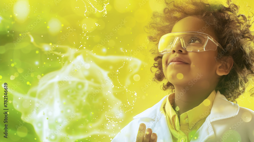 A little girl wearing a white lab coat and safety goggles, looking ...