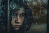Fototapeta  - Close-up of a contemplative person's face behind a raindrop-covered window, with a moody, blurred background, conveying a sense of introspection or melancholy.