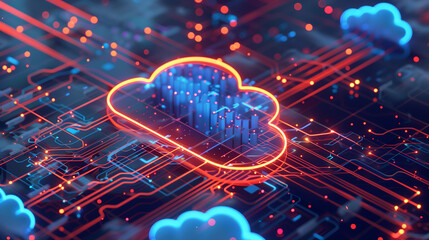 A computer chip with a cloud on it. The cloud is red and blue