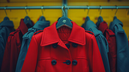 A vibrant red coat stands out among a row of blue jackets on hangers against a yellow background, depicting uniqueness and choice in fashion.