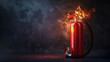 Realistic fire extinguisher with flame on dark background