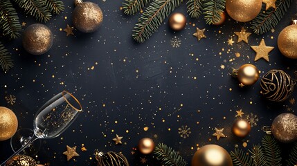 Canvas Print - An illustration of a happy new year 2018 brochure with gold and black colors and room for text regarding Christmas balls, stars, champagne, and glass layers.