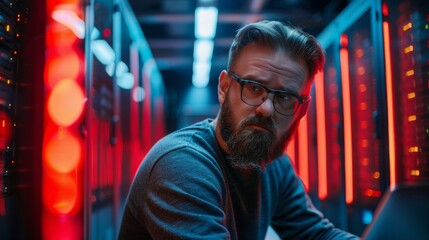 Fototapete - During a maintenance / diagnostics run, a bearded IT Specialist with glasses is working on his laptop in the data center while standing near the server rack. An emergency red light illuminates him.