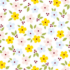 Wall Mural - Simple cute floral vector seamless pattern. Small flowers, leaves on a white background. For fabric prints, textile products.