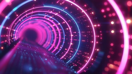 Poster - An abstract neon background with laser neon lines circling along a circular dark geometry. Colorful light spectrum of yellow and pink. 3d illustration.
