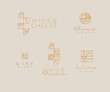 Wine art deco lettering labels drawing in linear style on beige background