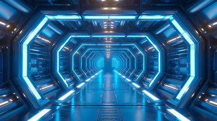 Fototapete - An illuminated corridor interior design. A futuristic design spaceship interior on a blue background with a 3D rendering of the interior.