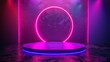 A dark room with a violet diagonal neon, a circle podium, and a 3D modern showcase with copy space.