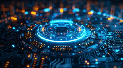 Fototapete - An abstract technology product display background with a glowing sci-fi circle circuit hud set on dotted blue backgrounds with microchips.