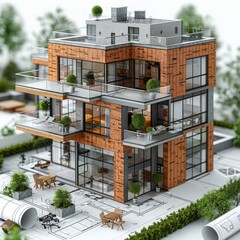 Fototapete - residential building architecture project with mock up and blueprints