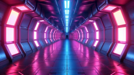 Leinwandbilder - A 3D rendering of a spaceship corridor with a neon glow in blue purple background. Good for advertising, showrooms, technology, futuristic sports, and the metaverse.