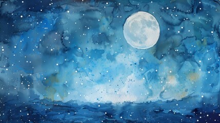 Canvas Print - A night sky with a moon background on textured watercolor paper