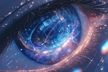 A Human Eye With An Outer Space Background, A Blue And Orange Galaxy Inside The Iris 