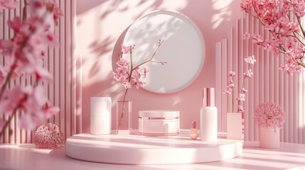 Leinwandbilder - Rendering of natural beauty backdrop for cosmetic product display. Fashion beauty pastel color background.