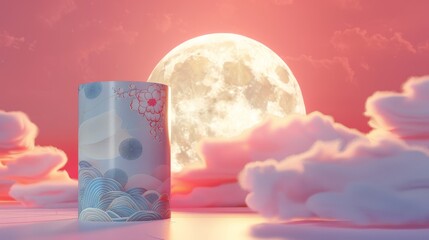 Fototapete - Mid autumn festival background. Abstract cylinder box with full moon background. 3D rendering.