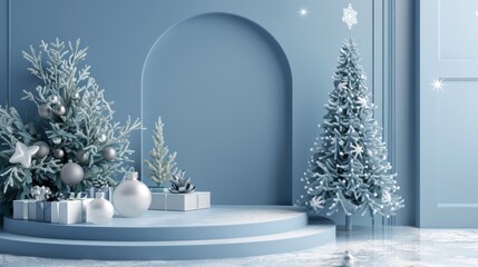 Poster - This is an abstract 3D composition with a Christmas tree and a stage for displaying products during the winter season.