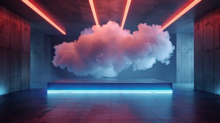 Poster - A futuristic sci-fi modern stage with reflective concrete, glowing neon and clouds. 3D render.