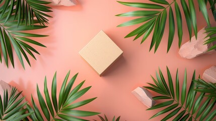 Aufkleber - The natural emptiness of a cube on a summer multicolor background with tropical palm leaves is perfect for showcasing cosmetic products. Flat lay. Top view. 3d rendering.