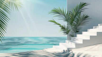 Aufkleber - Beach backdrop with white stairway and palm tree shadow. Abstract summer scene. Sea view.