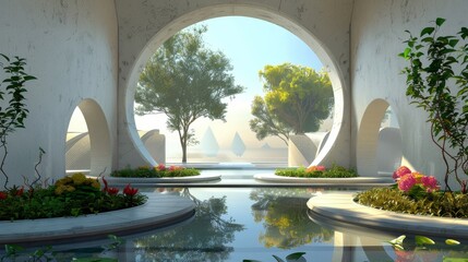 Poster - In this abstract 3D scene there are geometrical forms, an arch leading to a garden and a view of the water in the background.