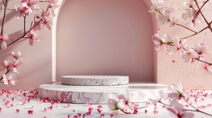 Poster - Stunning beauty fashion podium backdrop with geometric shape and Spring flower. Terrazzo texture. 3D rendering.