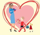 Fototapeta Maki -   Mother's Day composition with a red heart, children and flowers