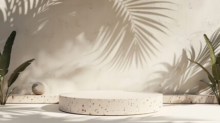 Poster - The natural beauty of a podium backdrop framed by a tropical palm tree shadow is complemented by terrazzo texture. The scene is rendered in 3D.