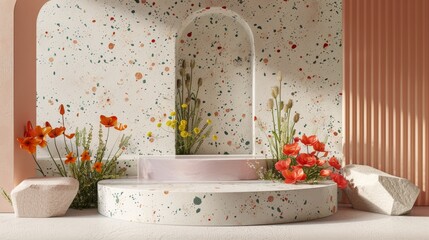 Aufkleber - A beautiful podium backdrop with Spring flowers and terrazzo texture. 3D rendering scene.