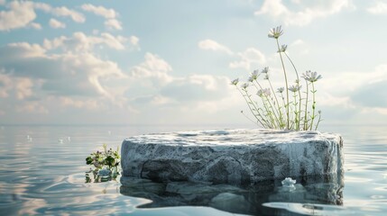 Aufkleber - This natural beauty podium backdrop features stone and wildflowers on the water. The 3D seascape background provides a great depth of field.